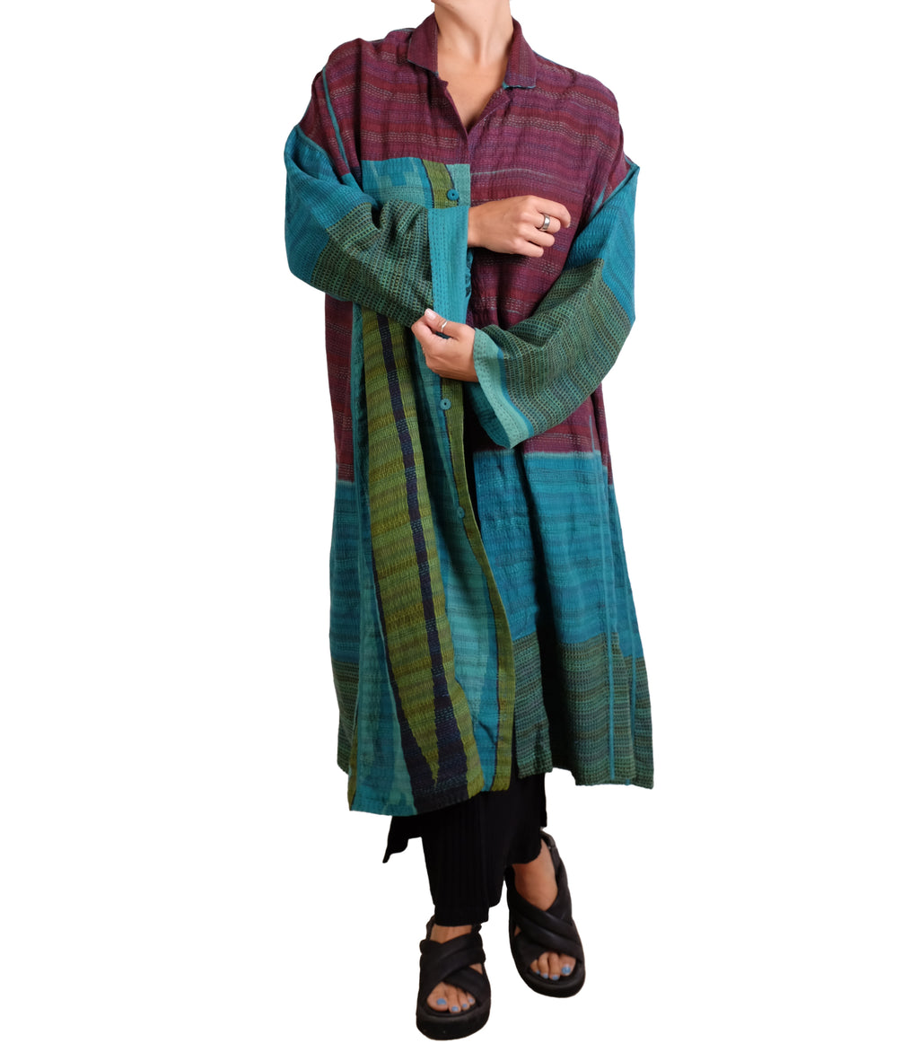 Mieko Mintz Burgundy and Teal Vintage Cotton & New Voile Kantha New Oversized Coat