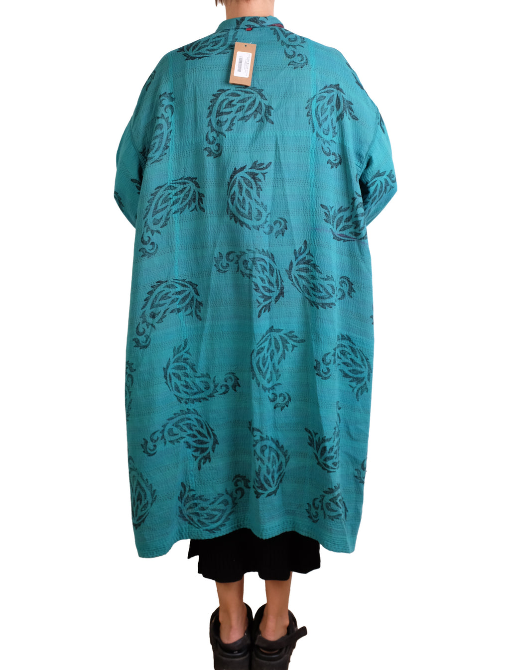 Mieko Mintz Burgundy and Teal Vintage Cotton & New Voile Kantha New Oversized Coat