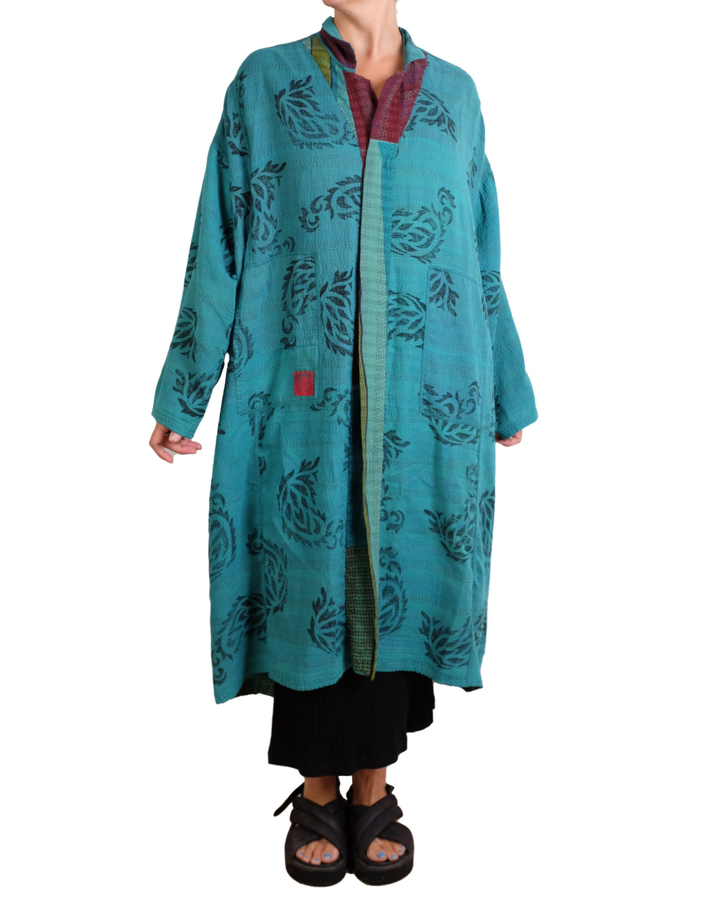 Mieko Mintz Burgundy and Teal Vintage Cotton & New Voile Kantha New Oversized Coat