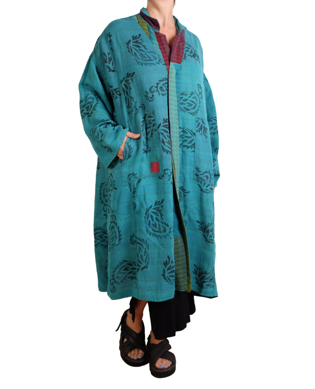 Mieko Mintz Burgundy and Teal Vintage Cotton & New Voile Kantha New Oversized Coat