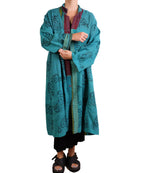 Mieko Mintz Burgundy and Teal Vintage Cotton & New Voile Kantha New Oversized Coat