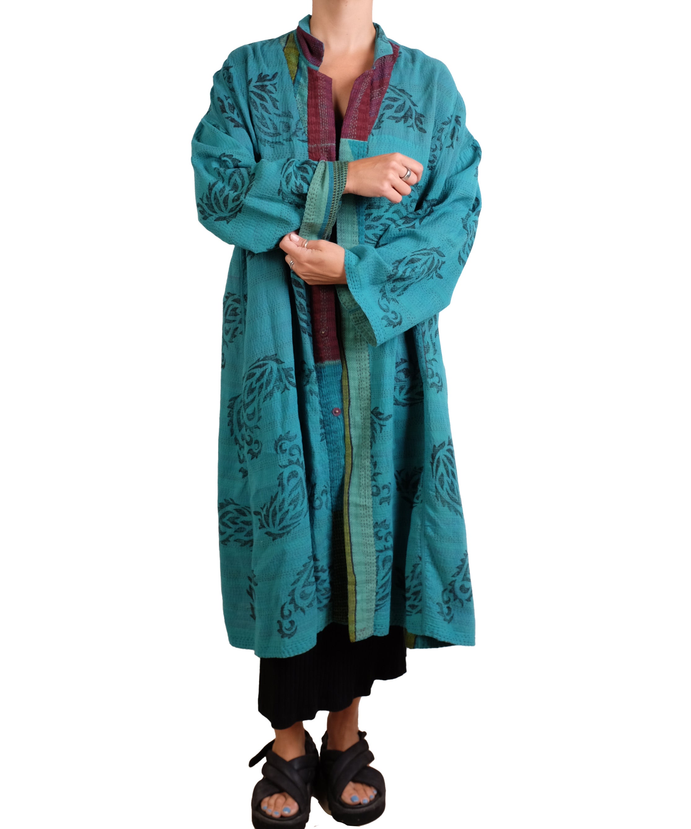 Mieko Mintz Burgundy and Teal Vintage Cotton & New Voile Kantha New Oversized Coat