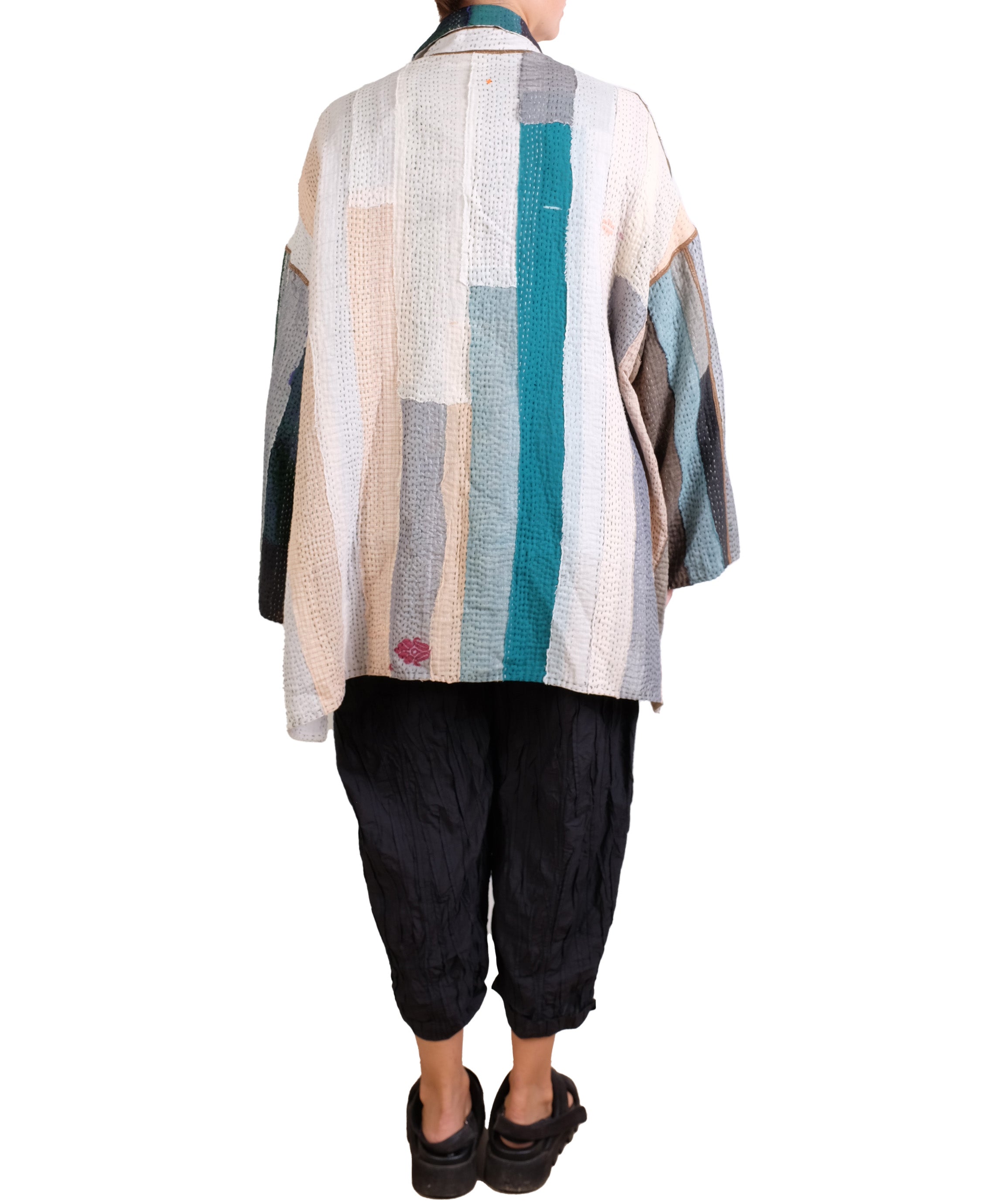 Mieko Mintz Cotton Stripe Patch Kantha Oversized Mini Coat in Greens and Cream