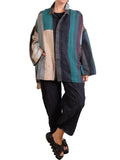 Mieko Mintz Cotton Stripe Patch Kantha Oversized Mini Coat in Greens and Cream