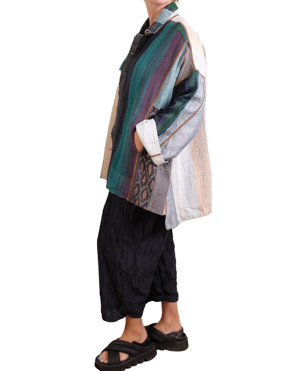 Mieko Mintz Cotton Stripe Patch Kantha Oversized Mini Coat in Greens and Cream