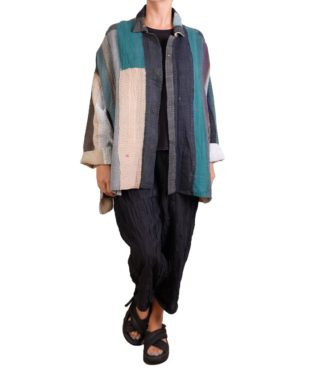 Mieko Mintz Cotton Stripe Patch Kantha Oversized Mini Coat in Greens and Cream