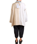 Mieko Mintz Cotton Stripe Patch Kantha Oversized Mini Coat in Greens and Cream