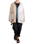 Mieko Mintz Cotton Stripe Patch Kantha Oversized Mini Coat in Greens and Cream