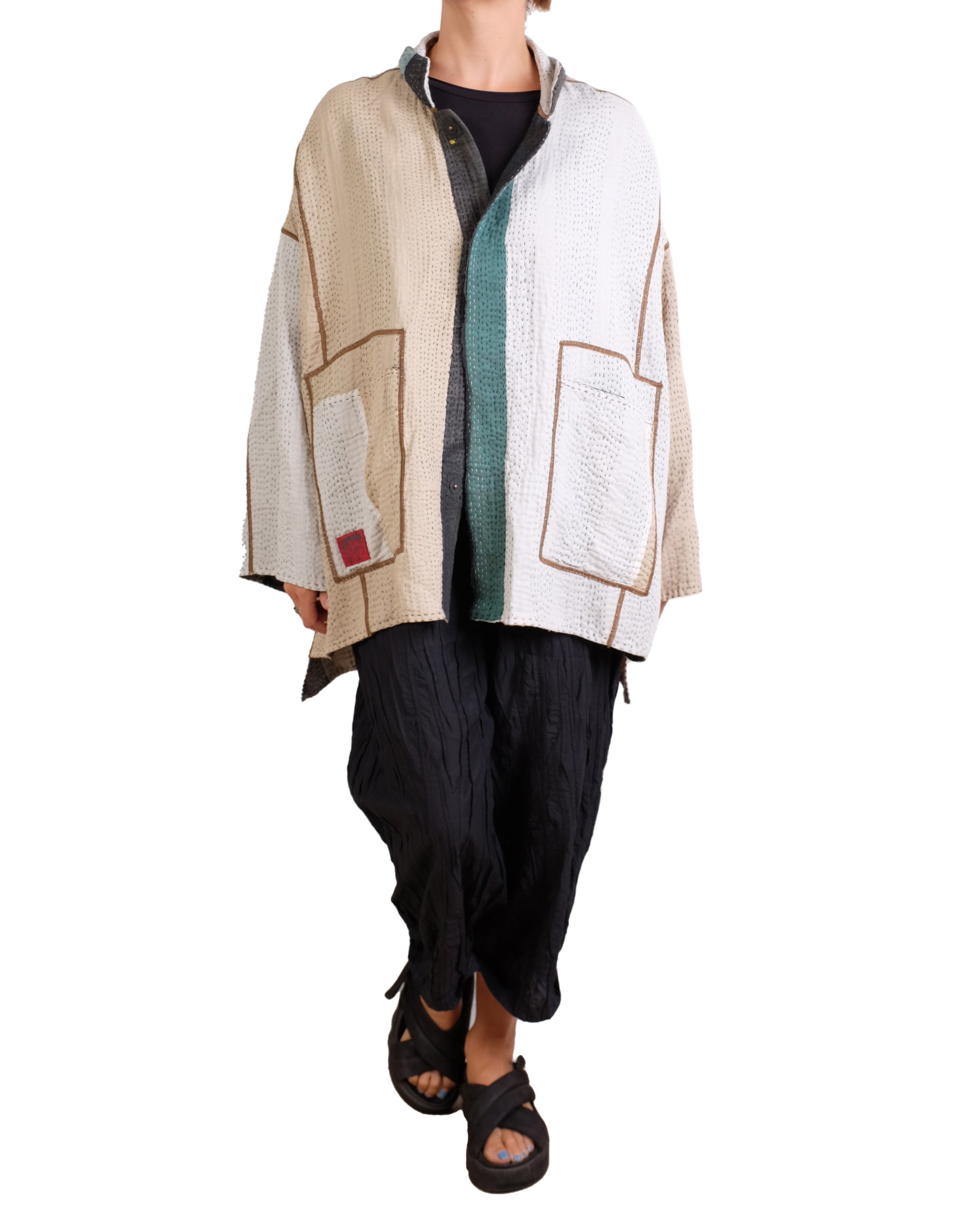 Mieko Mintz Cotton Stripe Patch Kantha Oversized Mini Coat in Greens and Cream