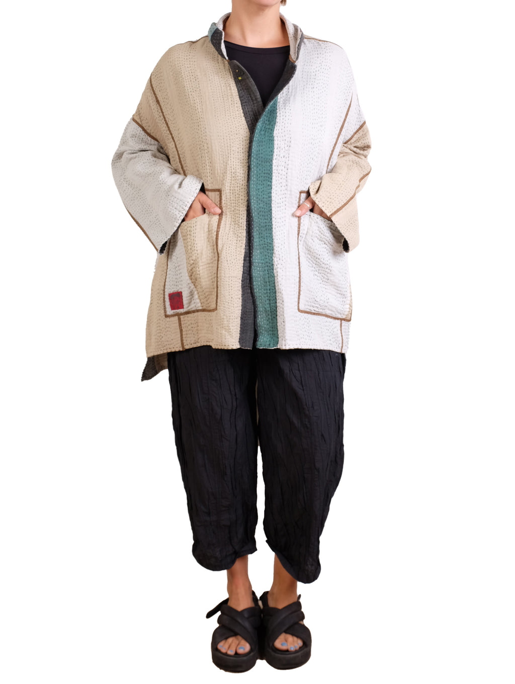 Mieko Mintz Cotton Stripe Patch Kantha Oversized Mini Coat in Greens and Cream