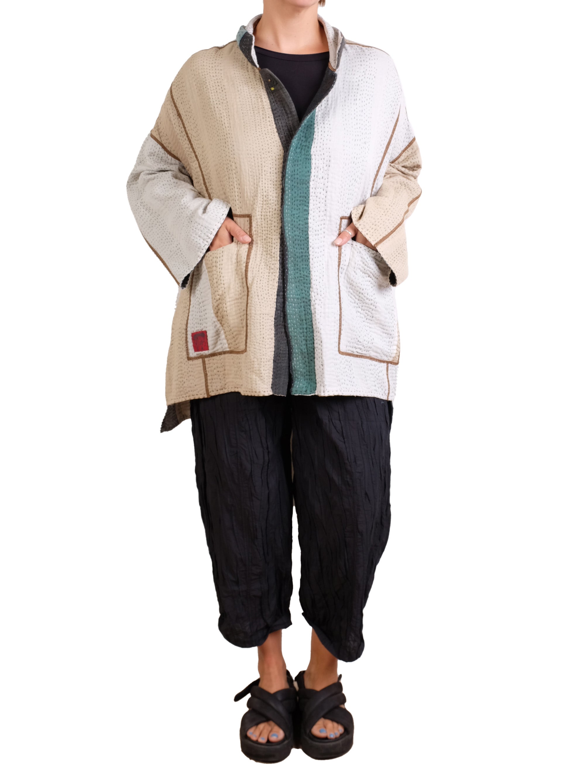 Mieko Mintz Cotton Stripe Patch Kantha Oversized Mini Coat in Greens and Cream