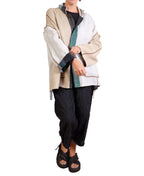 Mieko Mintz Cotton Stripe Patch Kantha Oversized Mini Coat in Greens and Cream