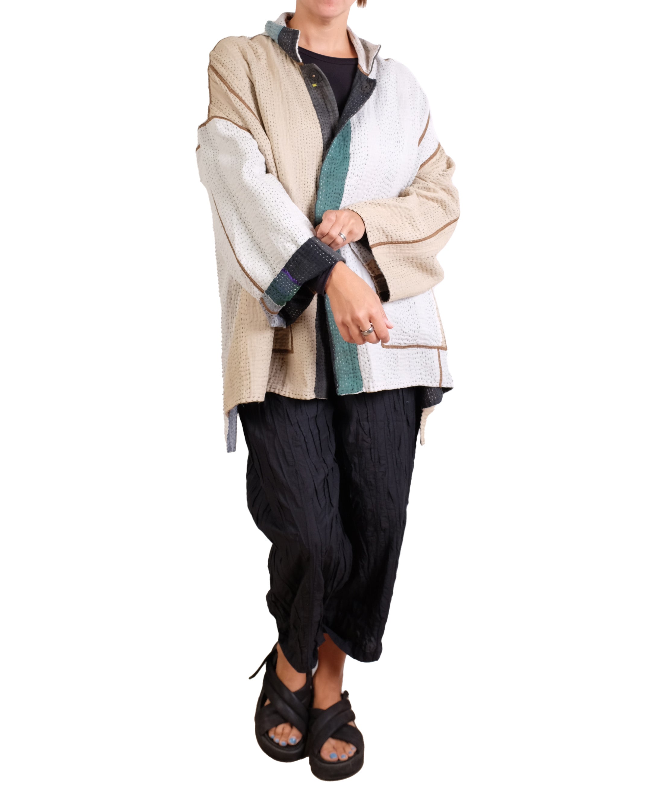 Mieko Mintz Cotton Stripe Patch Kantha Oversized Mini Coat in Greens and Cream