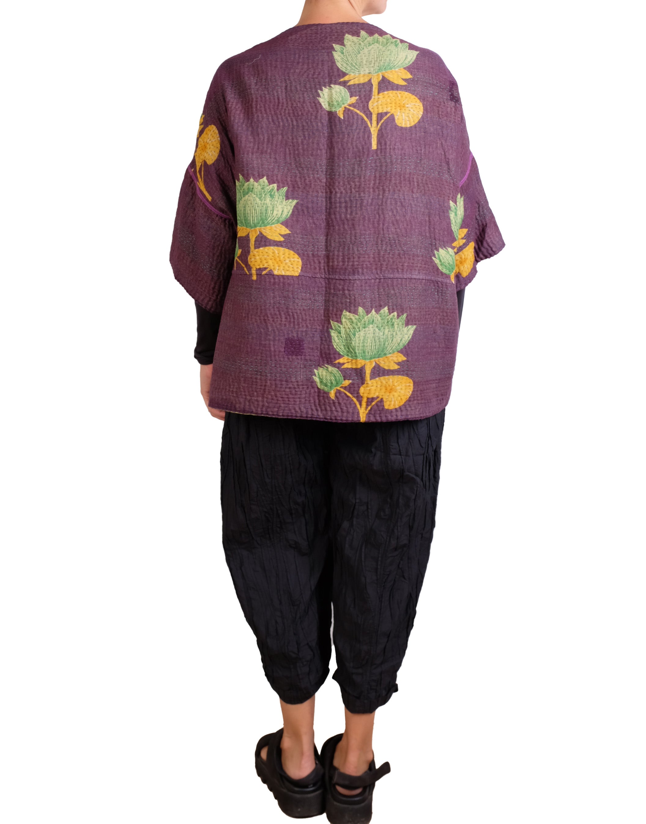 Mieko Mintz Vintage Cotton Kantha Straight Neck Jacket in Purples & Greens