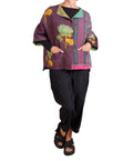 Mieko Mintz Vintage Cotton Kantha Straight Neck Jacket in Purples & Greens
