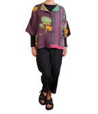Mieko Mintz Vintage Cotton Kantha Straight Neck Jacket in Purples & Greens