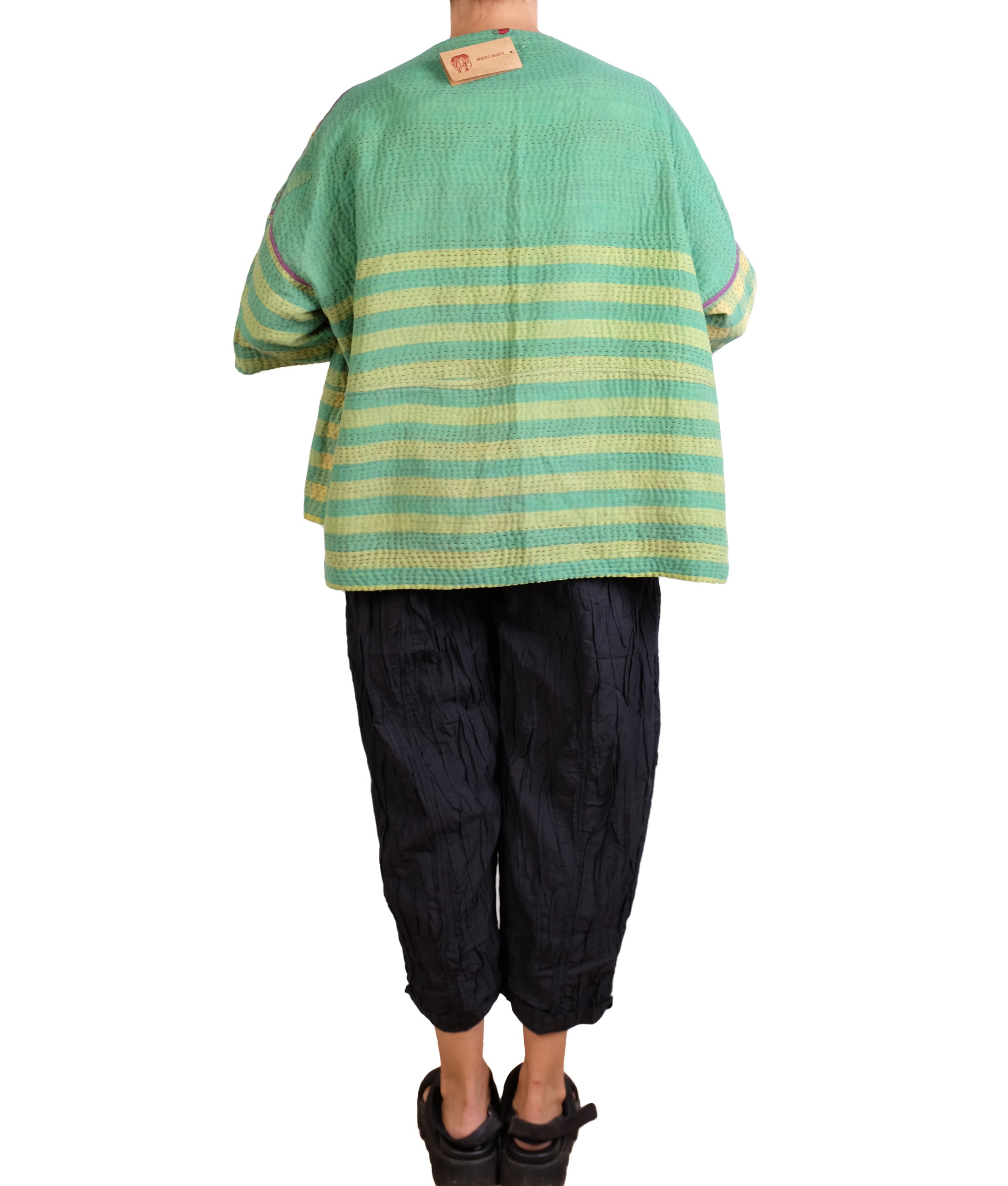 Mieko Mintz Vintage Cotton Kantha Straight Neck Jacket in Purples & Greens
