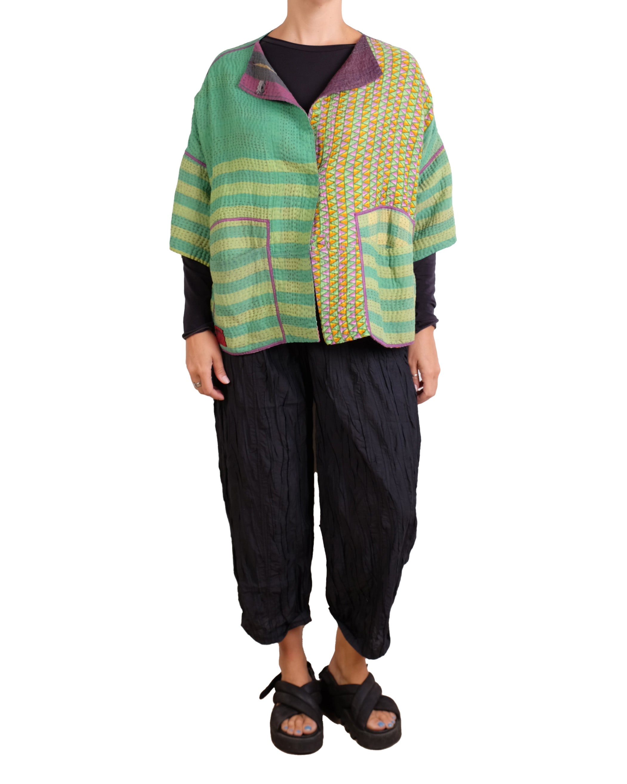 Mieko Mintz Vintage Cotton Kantha Straight Neck Jacket in Purples & Greens