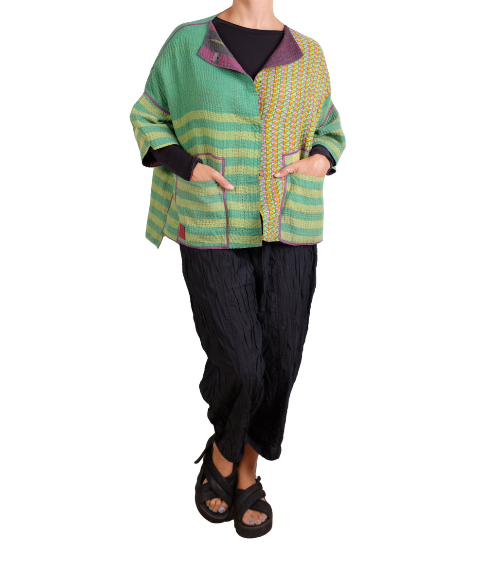 Mieko Mintz Vintage Cotton Kantha Straight Neck Jacket in Purples & Greens