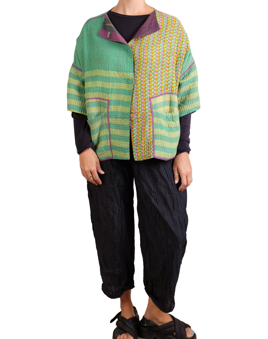 Mieko Mintz Vintage Cotton Kantha Straight Neck Jacket in Purples & Greens