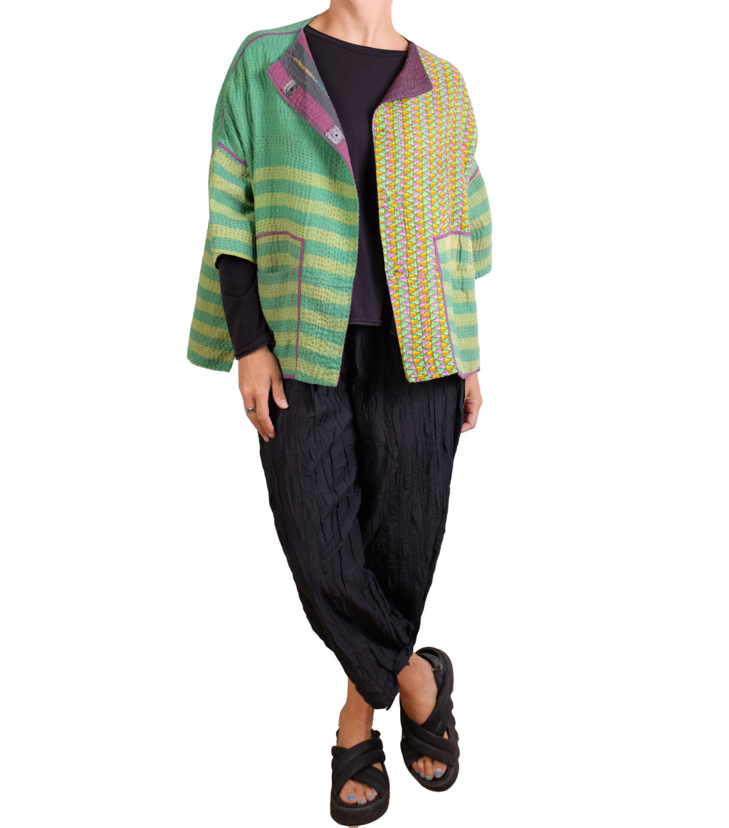 Mieko Mintz Vintage Cotton Kantha Straight Neck Jacket in Purples & Greens