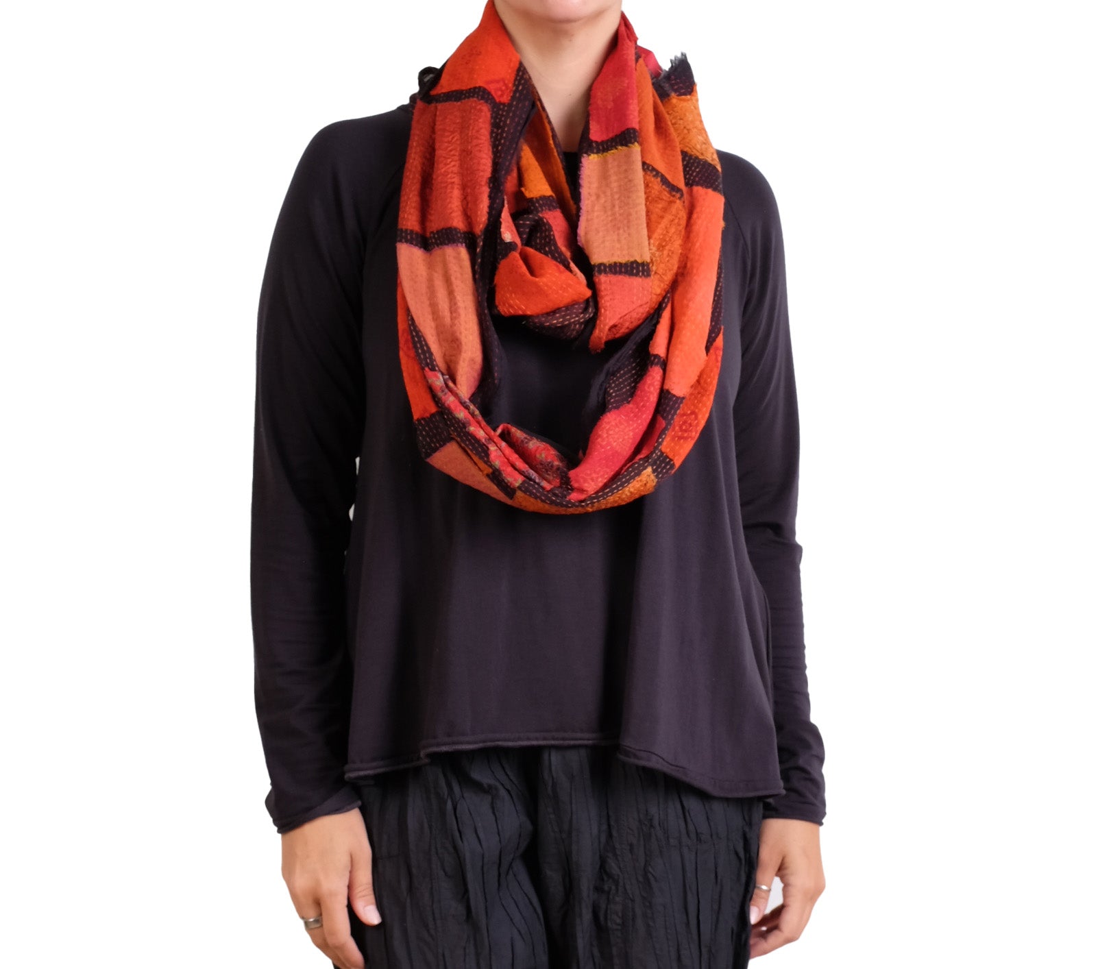 Mieko Mintz Tonal Tile Patch Kantha Infinity Scarf in Orange