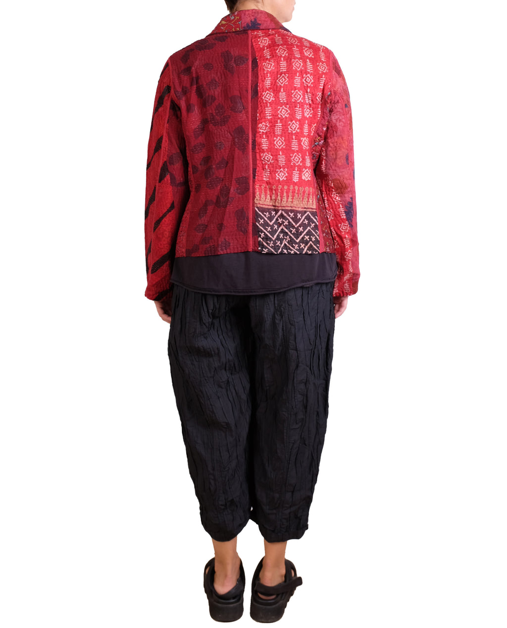 Mieko Mintz Jacquard Silk Kantha Cropped Basic Jacket in Reds