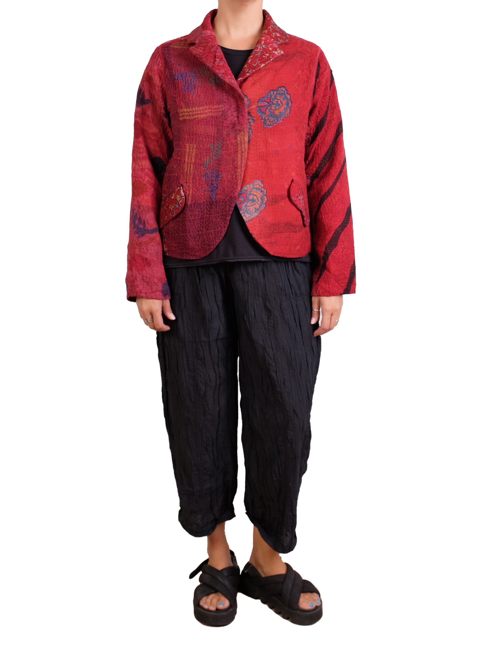 Mieko Mintz Jacquard Silk Kantha Cropped Basic Jacket in Reds