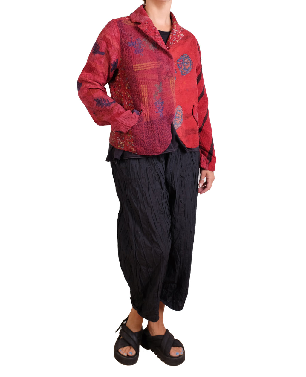 Mieko Mintz Jacquard Silk Kantha Cropped Basic Jacket in Reds