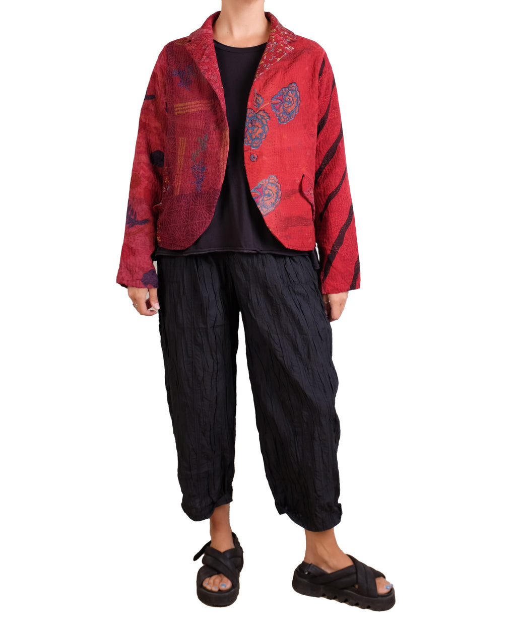 Mieko Mintz Jacquard Silk Kantha Cropped Basic Jacket in Reds