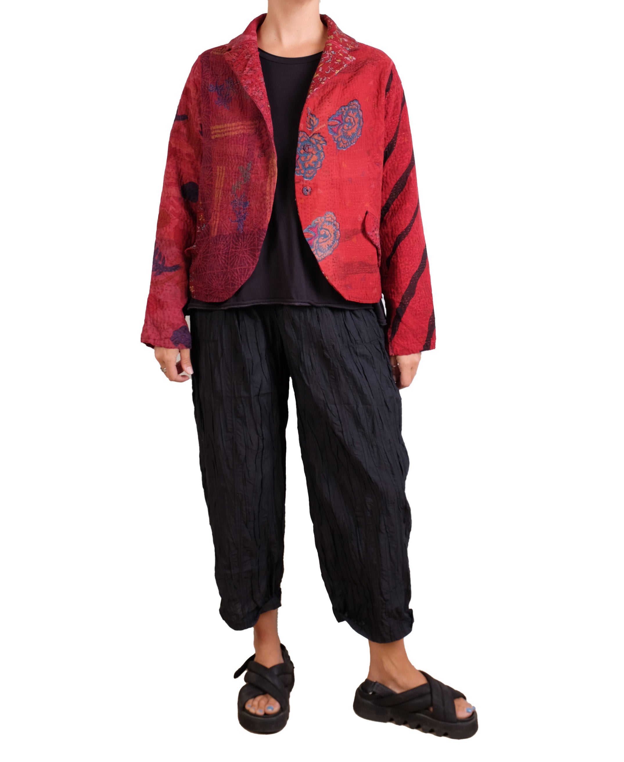 Mieko Mintz Jacquard Silk Kantha Cropped Basic Jacket in Reds