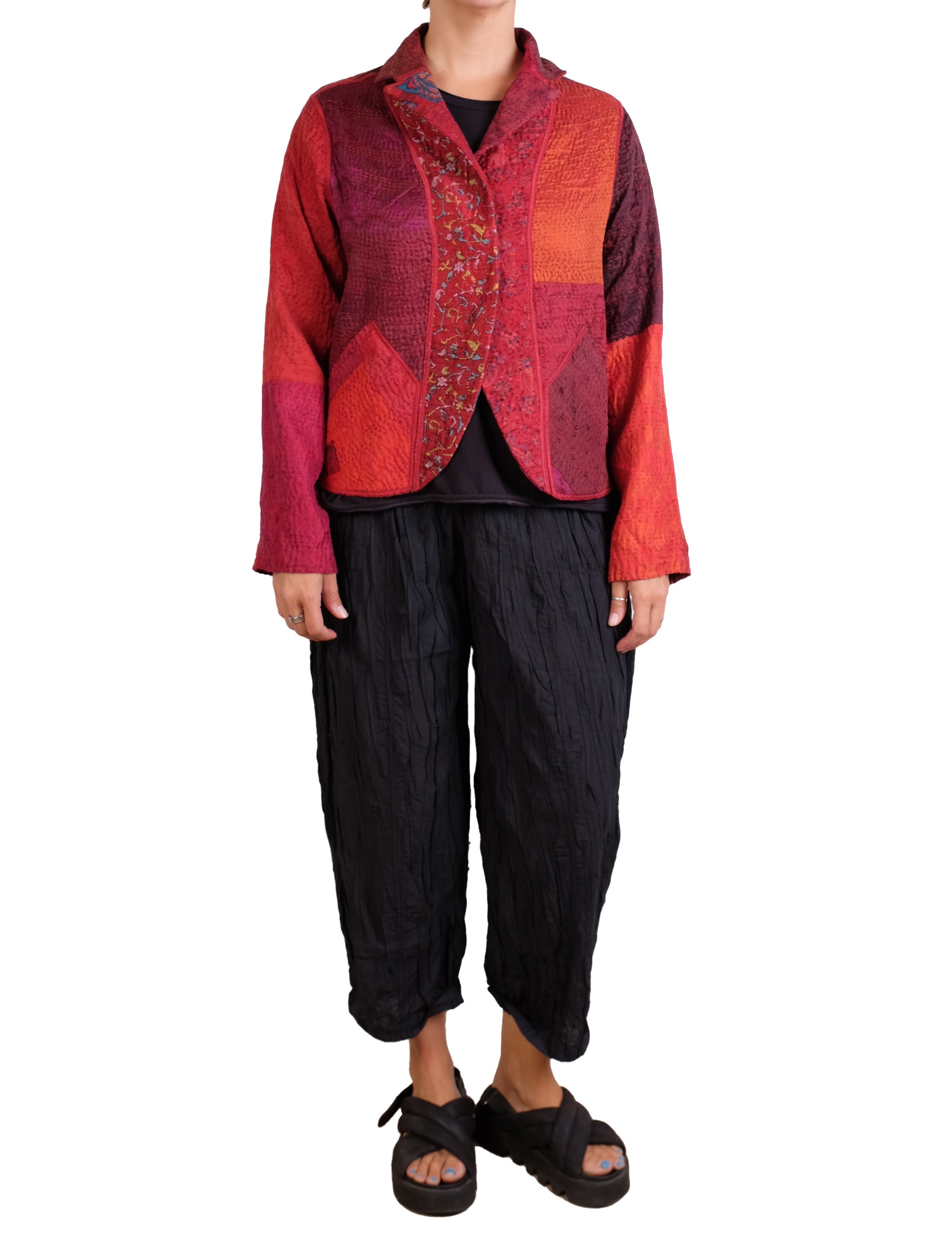Mieko Mintz Jacquard Silk Kantha Cropped Basic Jacket in Reds