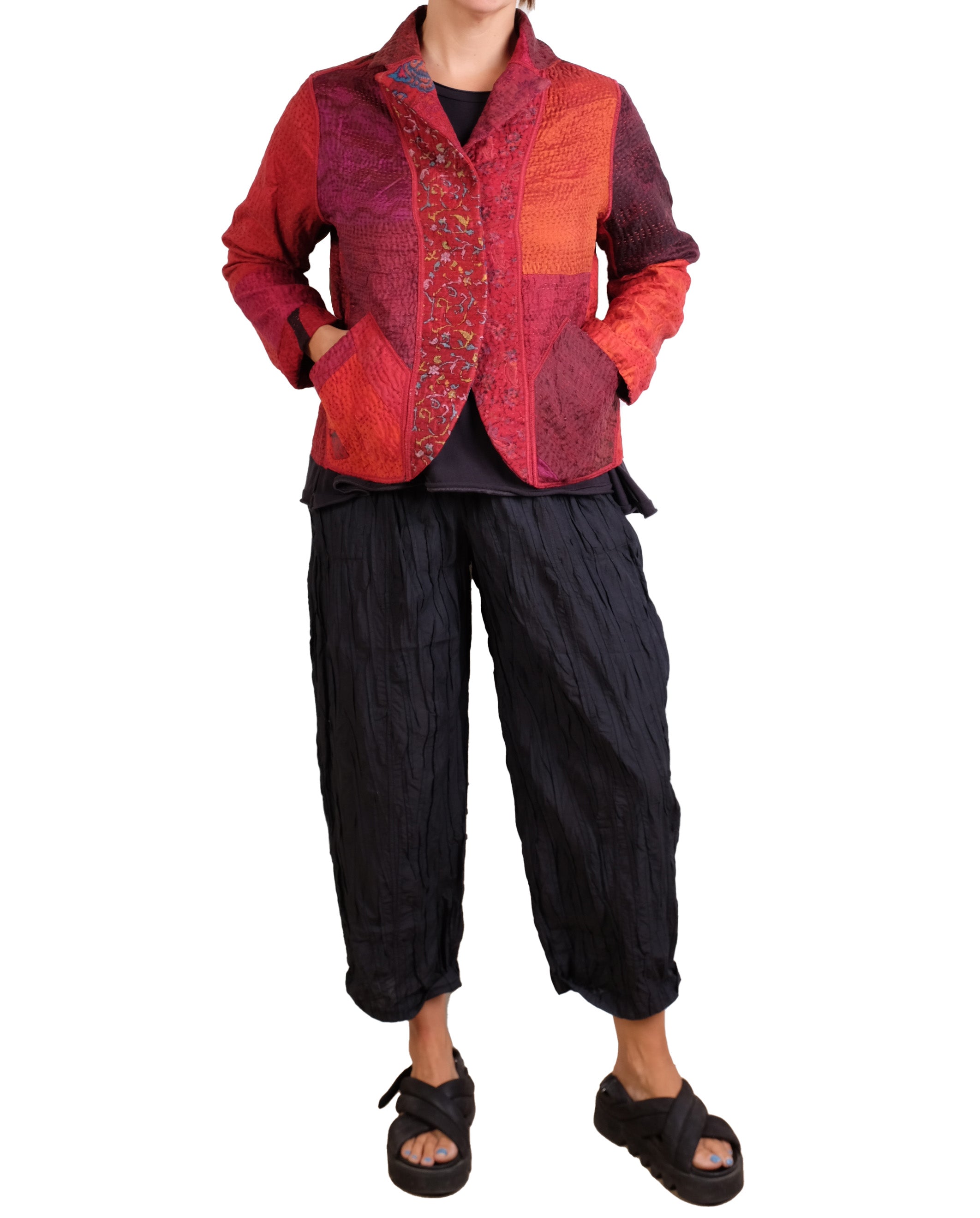 Mieko Mintz Jacquard Silk Kantha Cropped Basic Jacket in Reds