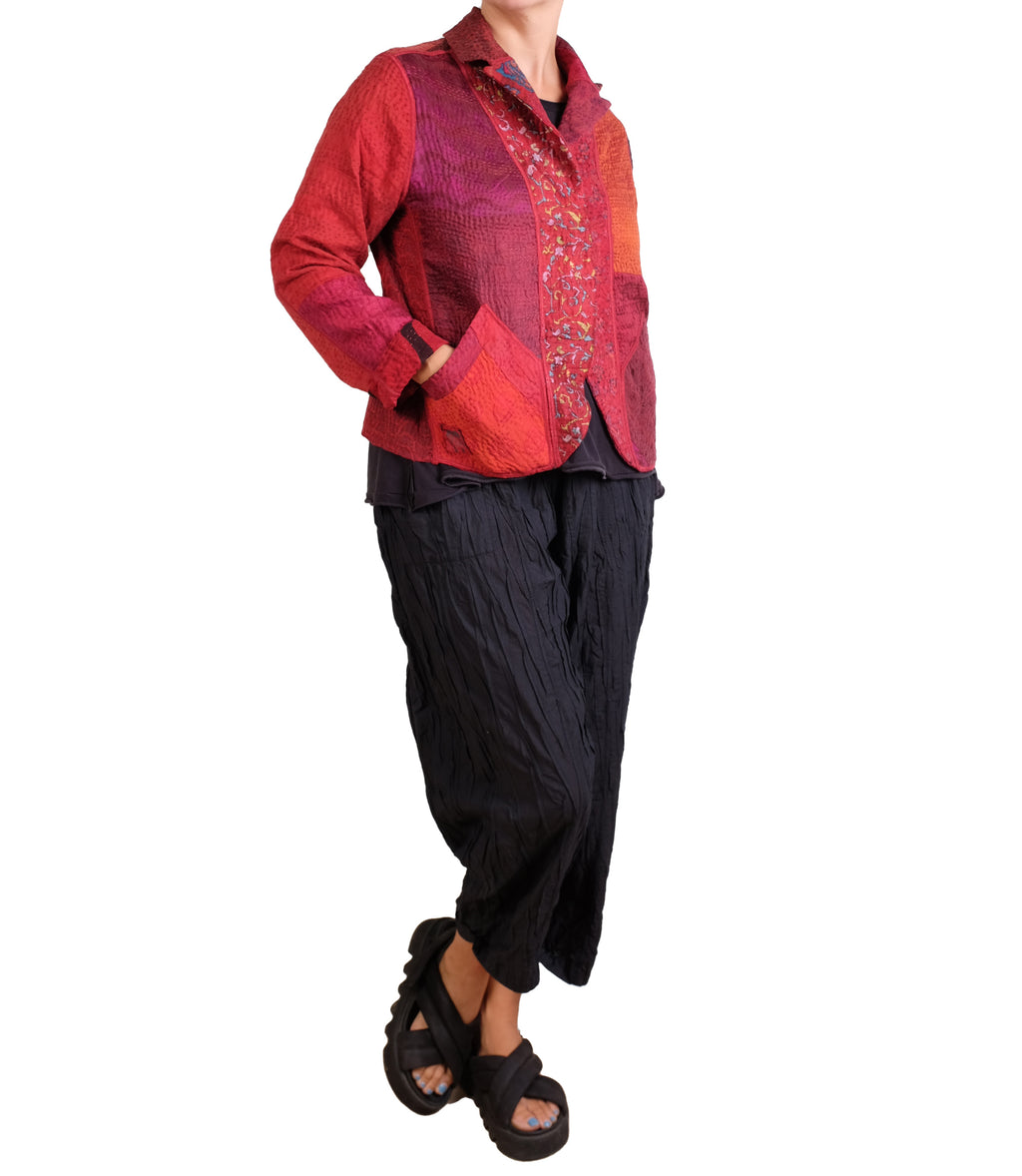 Mieko Mintz Jacquard Silk Kantha Cropped Basic Jacket in Reds