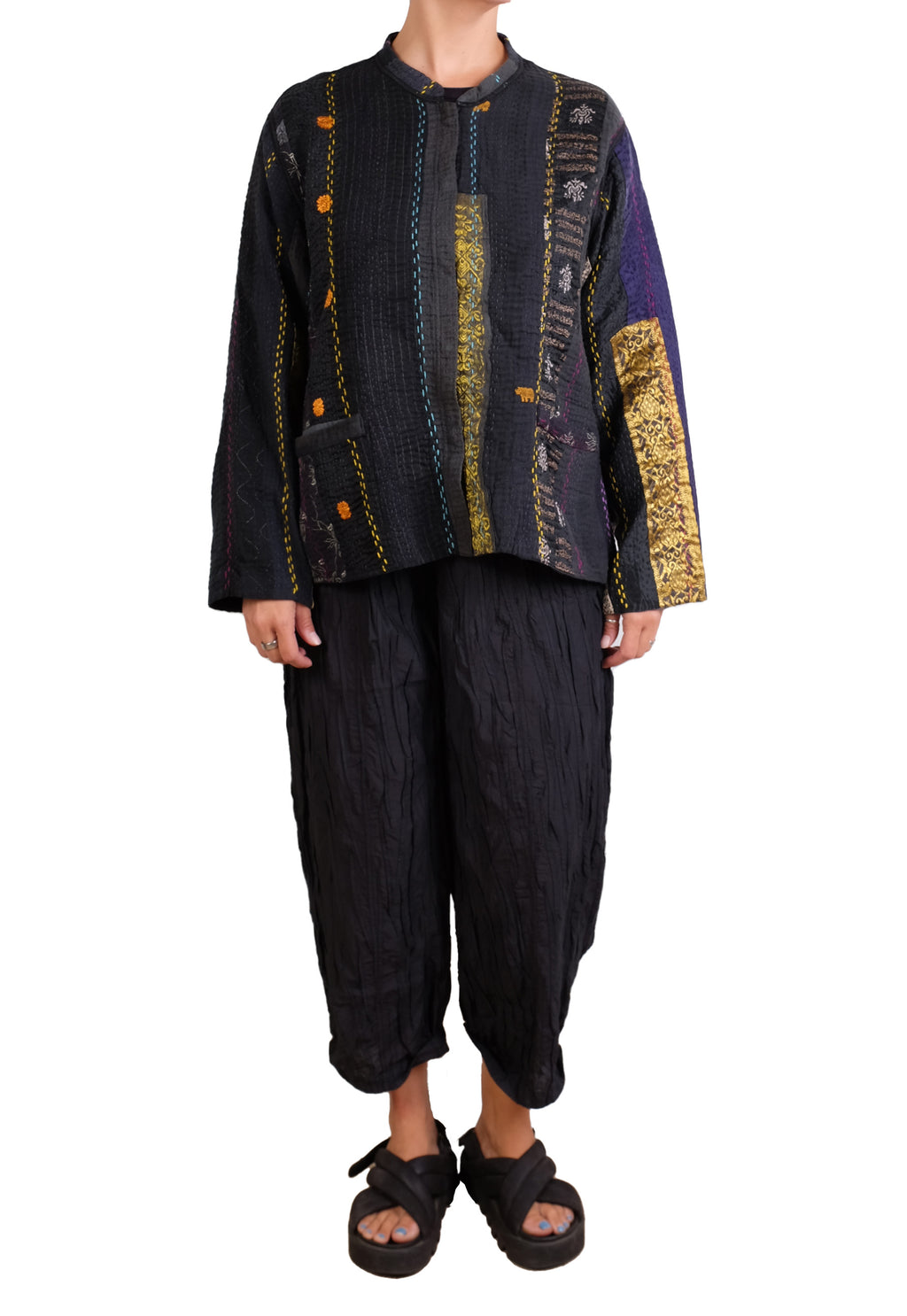 Mieko Mintz Jewel Woven With Vertical Patch Kantha Kaftan Jacket Short