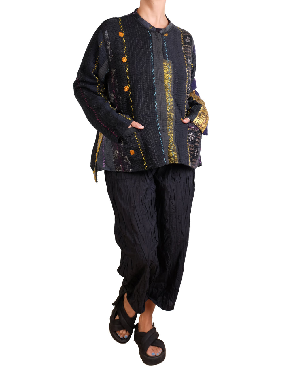 Mieko Mintz Jewel Woven With Vertical Patch Kantha Kaftan Jacket Short
