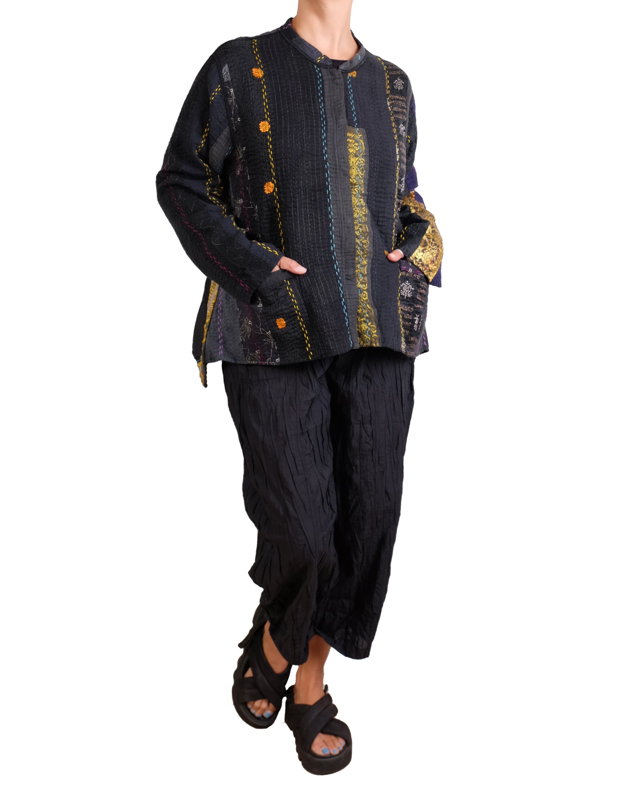 Mieko Mintz Jewel Woven With Vertical Patch Kantha Kaftan Jacket Short
