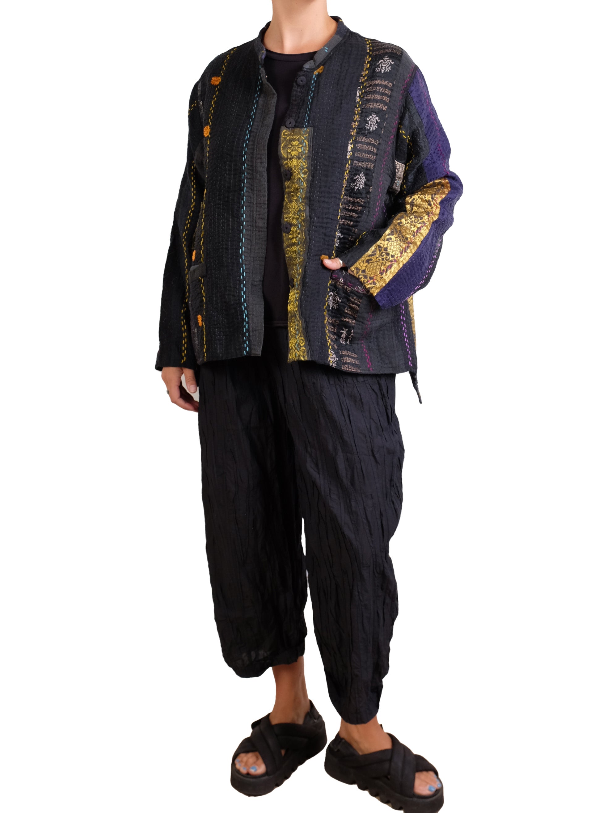 Mieko Mintz Jewel Woven With Vertical Patch Kantha Kaftan Jacket Short