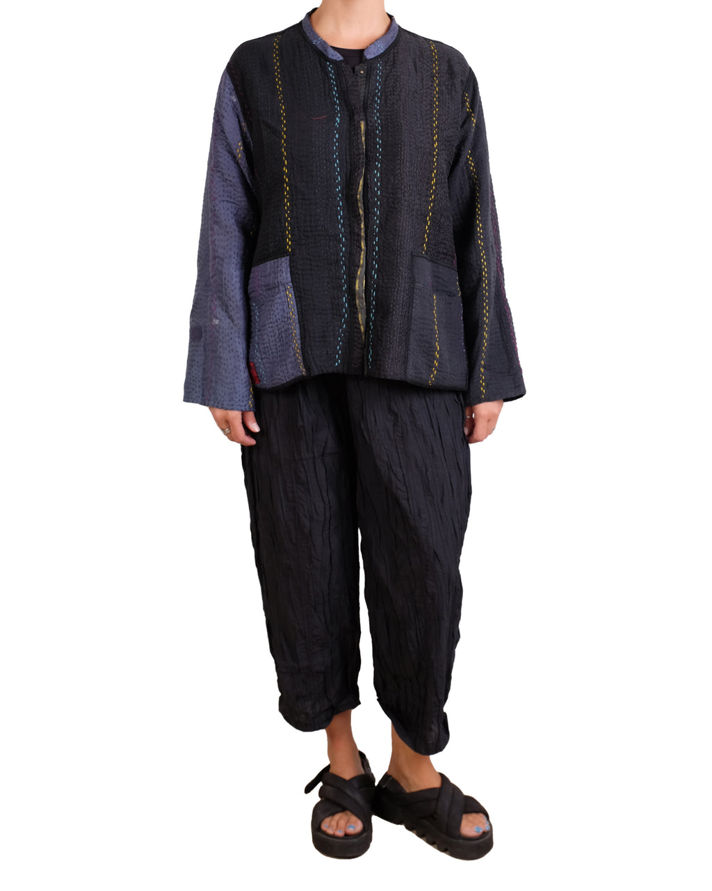 Mieko Mintz Jewel Woven With Vertical Patch Kantha Kaftan Jacket Short