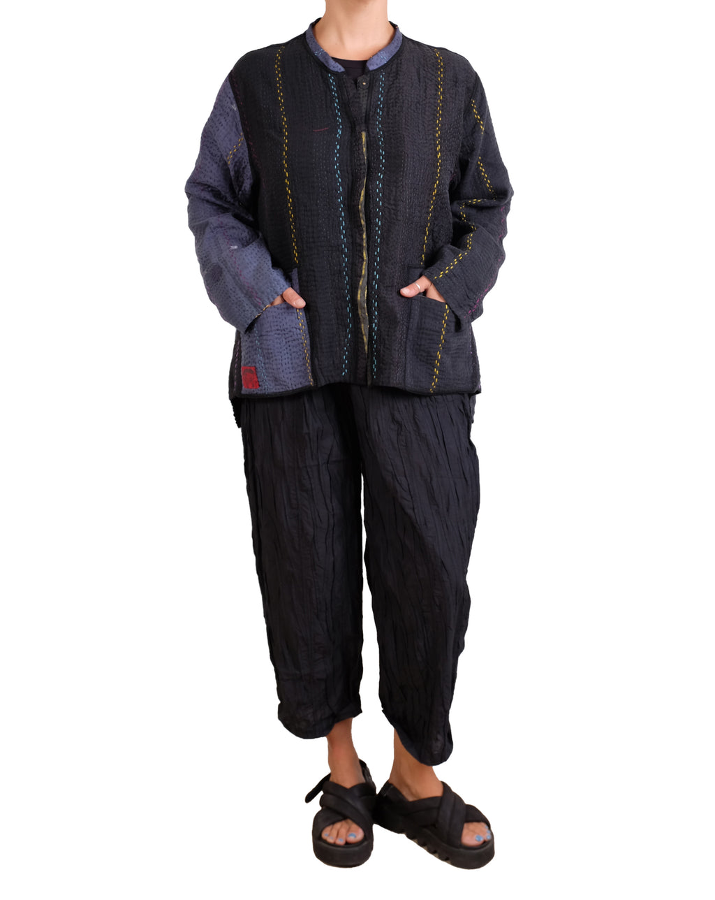 Mieko Mintz Jewel Woven With Vertical Patch Kantha Kaftan Jacket Short