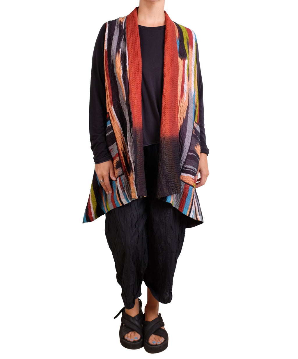 Mieko Mintz Ikat Stripe Kantha Kimono Collar Vest