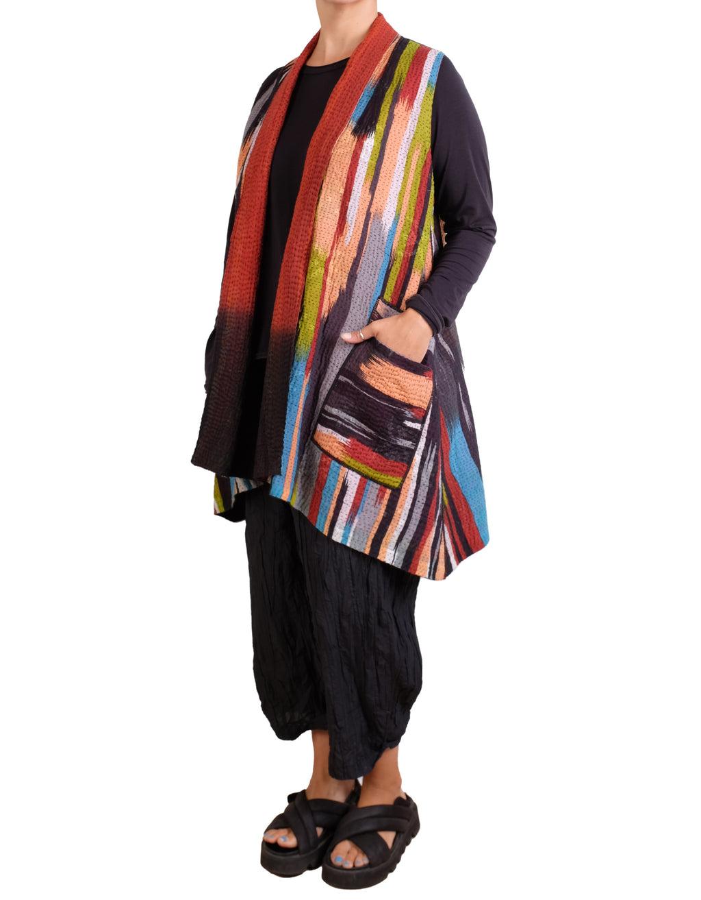 Mieko Mintz Ikat Stripe Kantha Kimono Collar Vest