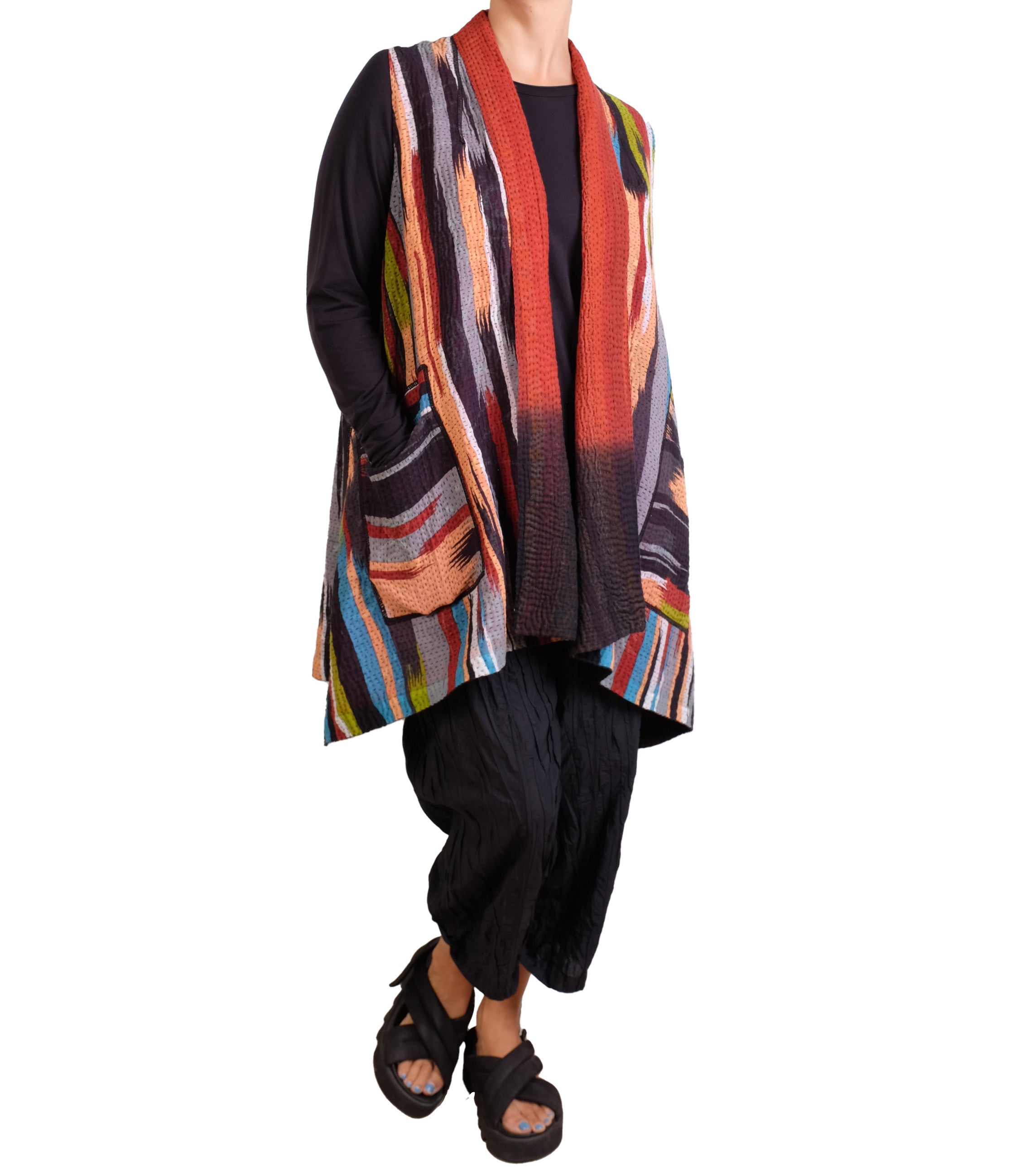 Mieko Mintz Ikat Stripe Kantha Kimono Collar Vest