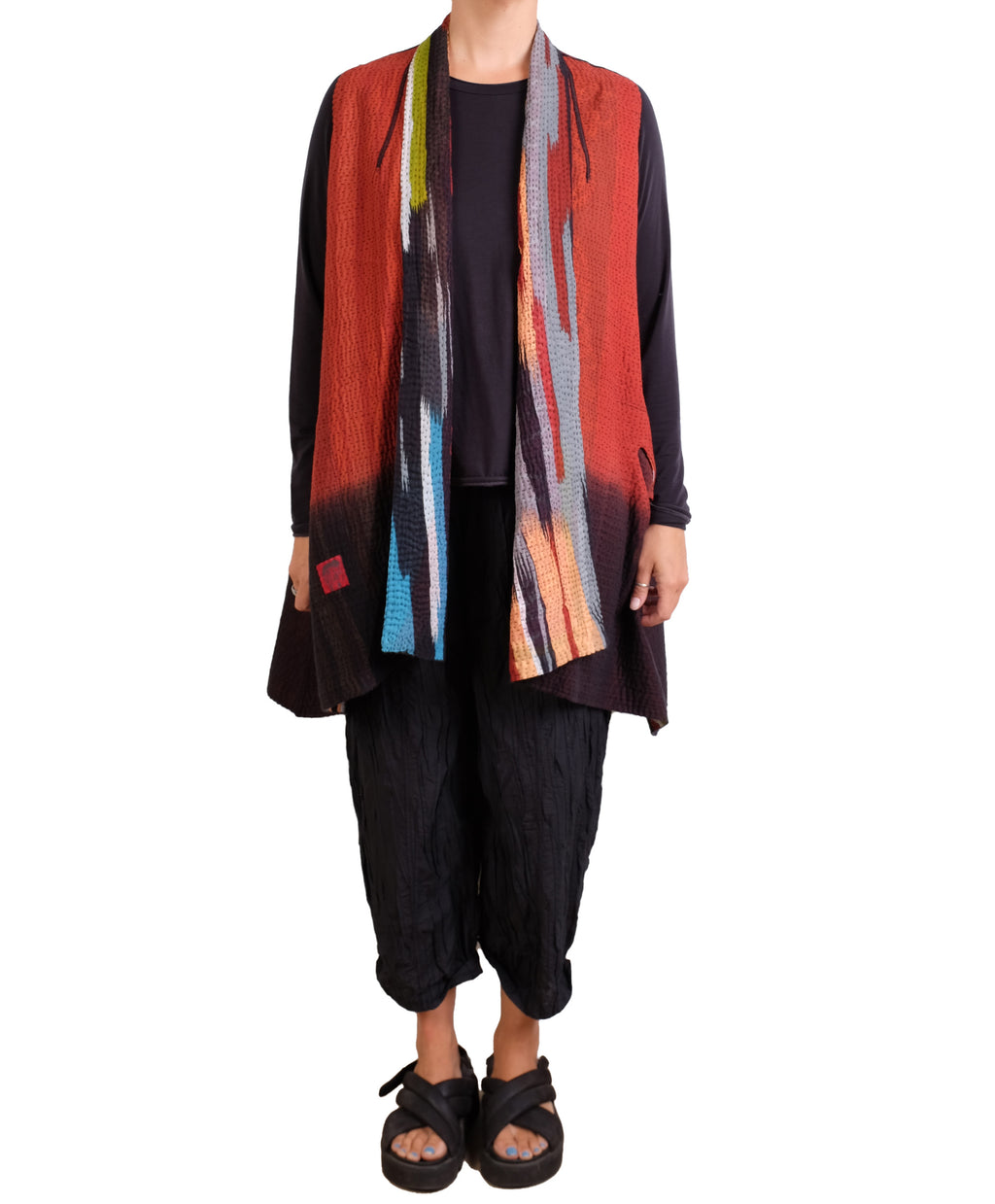 Mieko Mintz Ikat Stripe Kantha Kimono Collar Vest