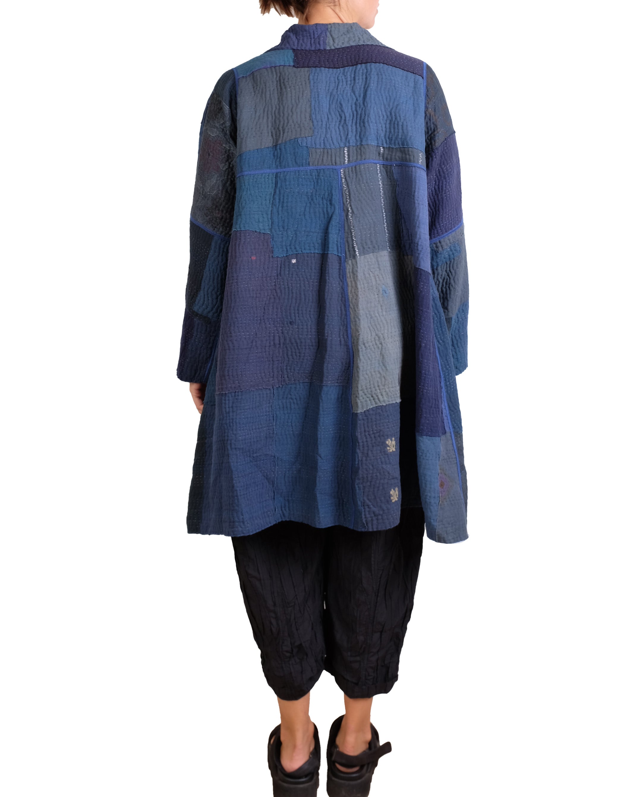 Mieko Mintz Navy Frayed Patch Kantha A-line Duster
