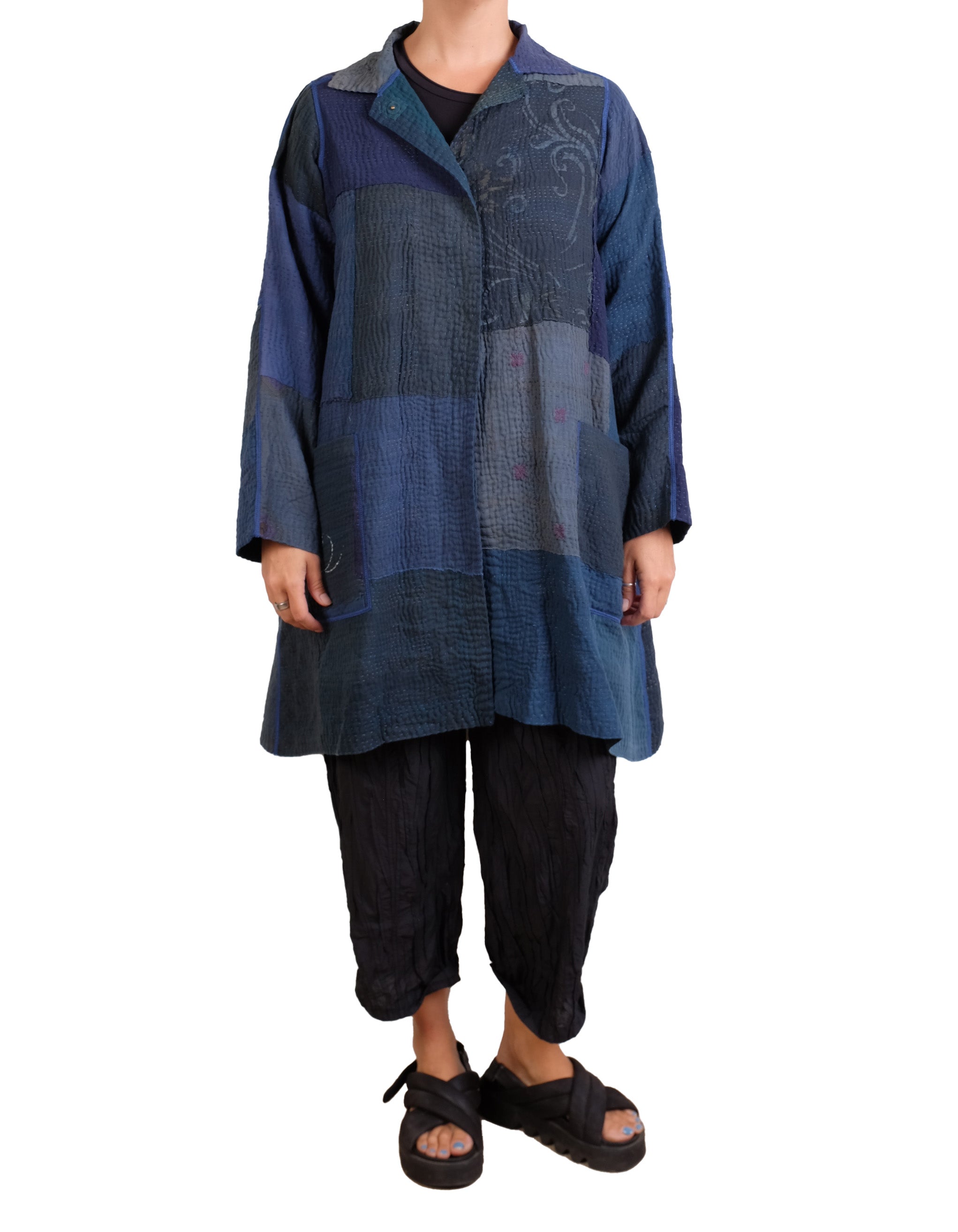 Mieko Mintz Navy Frayed Patch Kantha A-line Duster