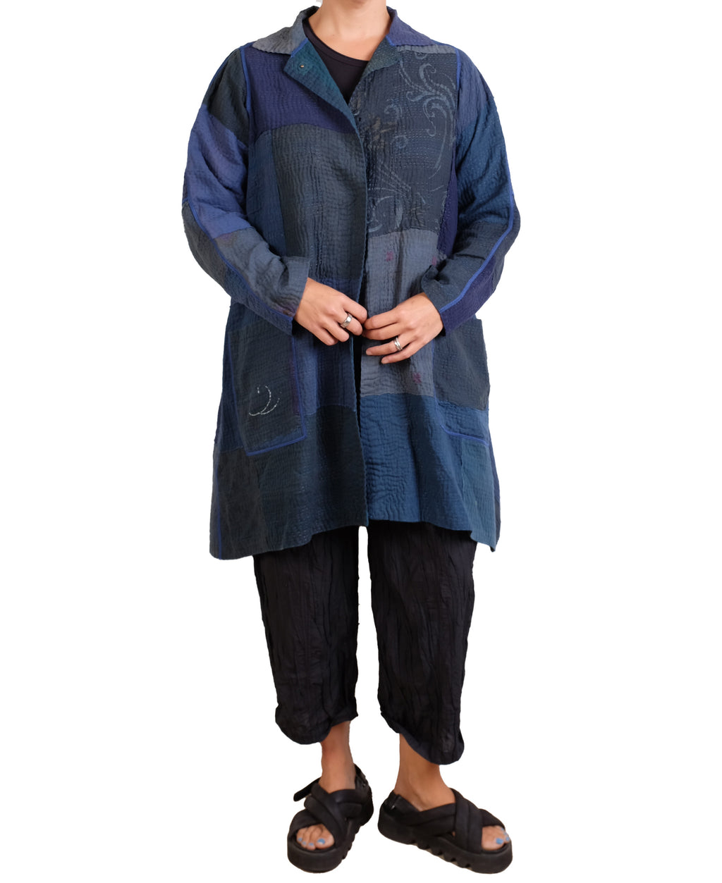 Mieko Mintz Navy Frayed Patch Kantha A-line Duster