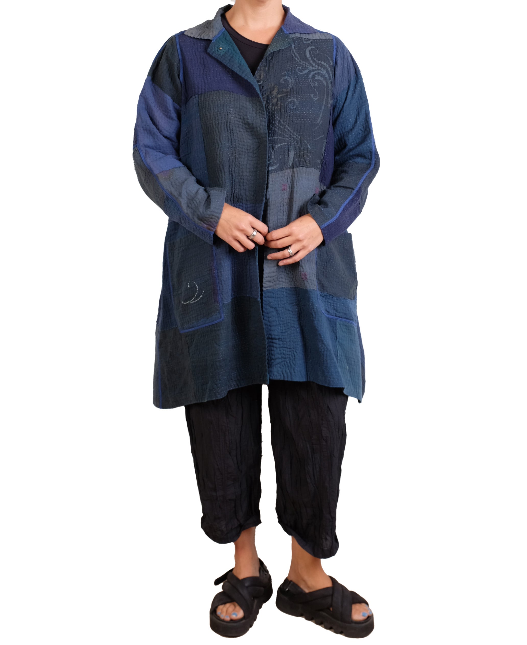 Mieko Mintz Navy Frayed Patch Kantha A-line Duster