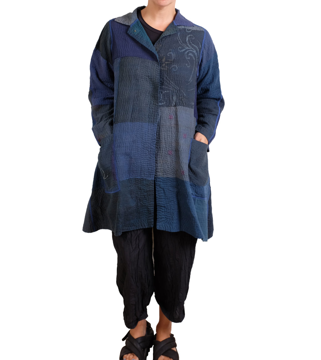 Mieko Mintz Navy Frayed Patch Kantha A-line Duster