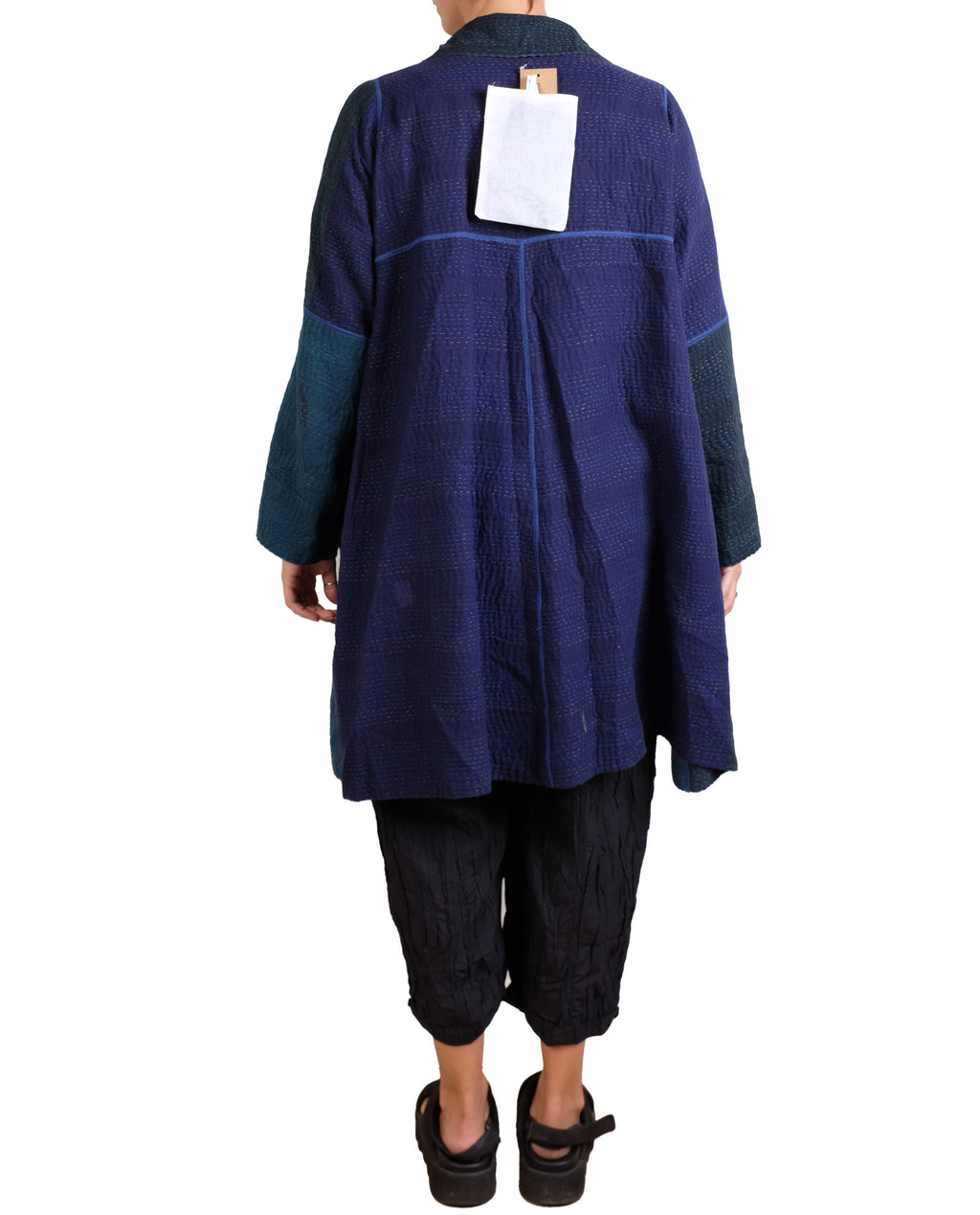 Mieko Mintz Navy Frayed Patch Kantha A-line Duster